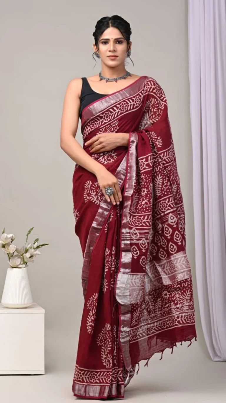 Meroon Pure Linen Digital Print Saree