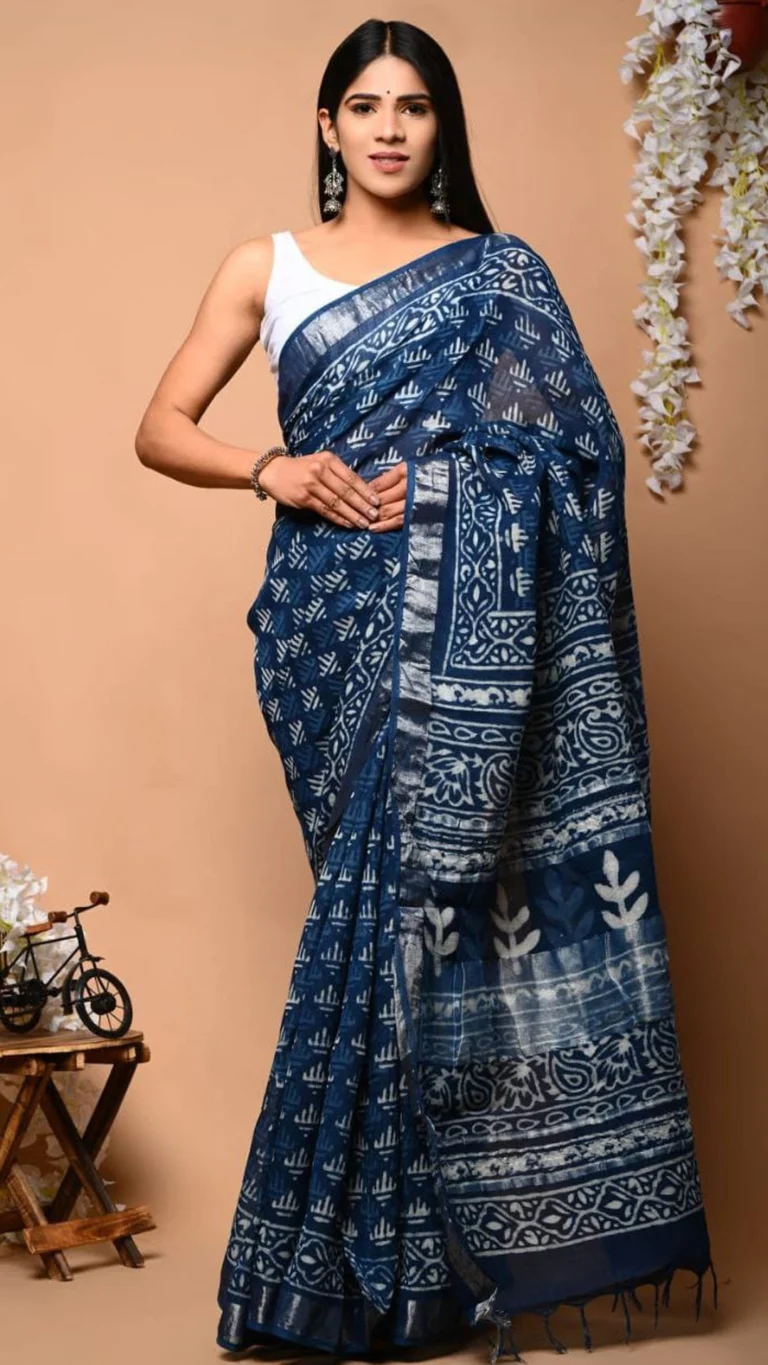 Navi Blue Pure Linen Digital Print Saree