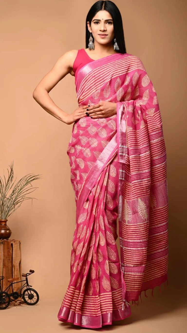 Pink & Cream Pure Linen Digital Print Saree