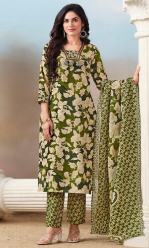 Buy Cotton Green and Cream Kurta Suit Sets for Women