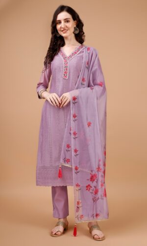 Women Chanderi Silk Chikankari Kurta With Pant & Dupatta | Chanderi Silk Salwar Suit | Embroidered Chikankari Suit Set | Beads & Stones Kurta Set | Straight Salwar Kameez