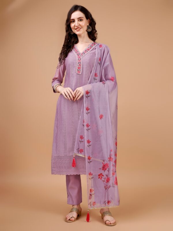 Women Chanderi Silk Chikankari Kurta With Pant & Dupatta | Chanderi Silk Salwar Suit | Embroidered Chikankari Suit Set | Beads & Stones Kurta Set | Straight Salwar Kameez