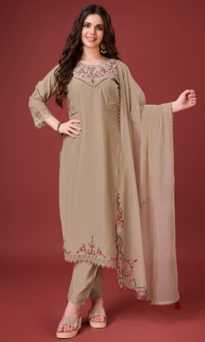 Women Viscose Silk Embroidered Kurta With Pant & Dupatta | Viscose Silk Salwar Suit | Embroidered Suit Set | Pearls & Beads Kurta Set | Pleats Work Suit Set