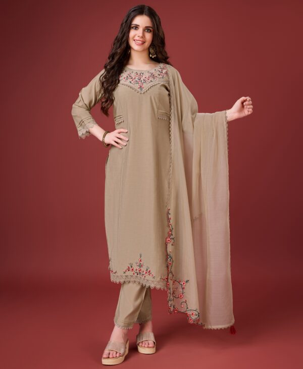 Women Viscose Silk Embroidered Kurta With Pant & Dupatta | Viscose Silk Salwar Suit | Embroidered Suit Set | Pearls & Beads Kurta Set | Pleats Work Suit Set