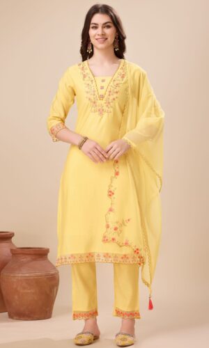Women's Yellow Viscose Silk Embroidered Kurta With Pant & Dupatta