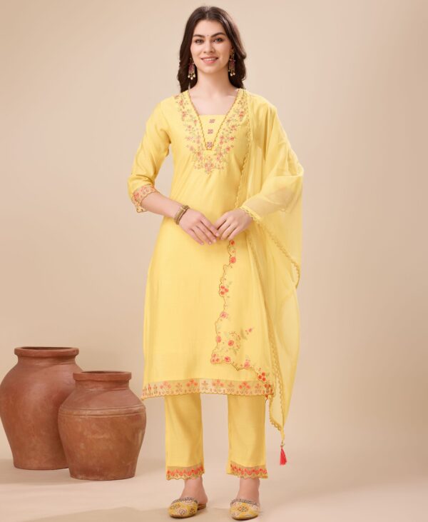 Women's Yellow Viscose Silk Embroidered Kurta With Pant & Dupatta