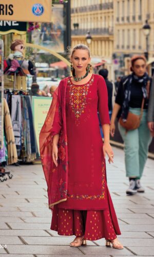 Women Milan Silk Floral Embroidered Straight Kurta With Divider Plazzo & Dupatta | Milan Silk Salwar Suit | Beads & Stones Kurta Set | Straight Salwar Kameez