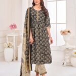 black cotton blend geometric flared kurta