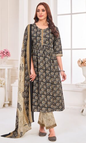 black cotton blend geometric flared kurta