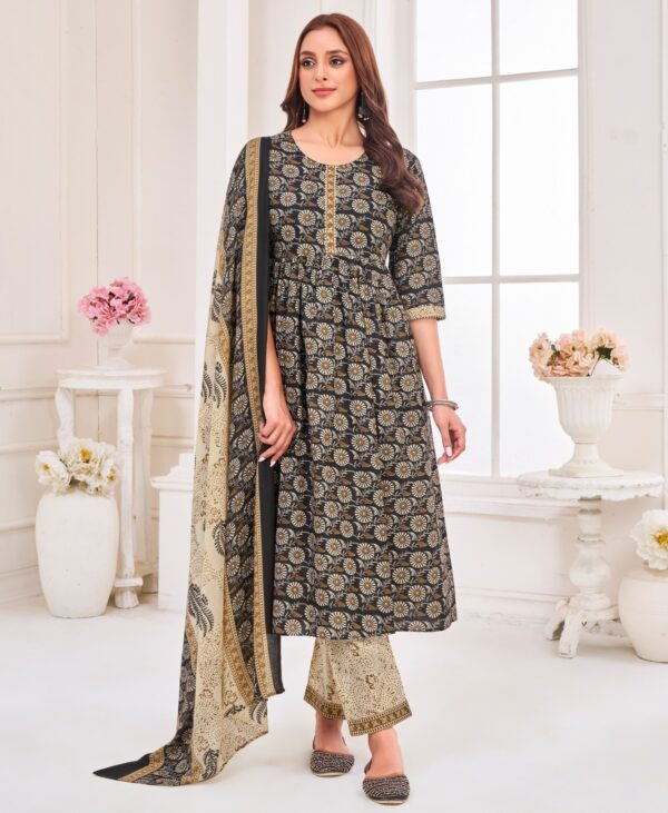 black cotton blend geometric flared kurta
